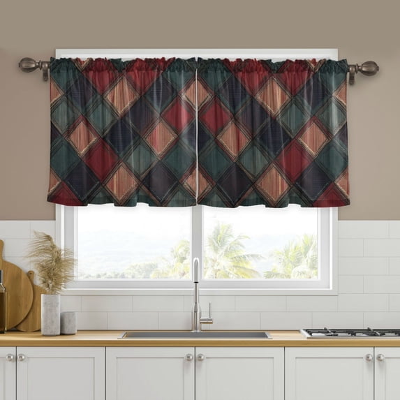 Yayeee Kitchen Curtains Tier Set of 2 Light Filtering 57"x24" Over Sink Window Panels, Red Tartan Pattern