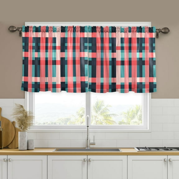 Yayeee Kitchen Curtains Set of 2 Light Filtering 57"x24" Over Sink Window Panels, Red Teal Stripes