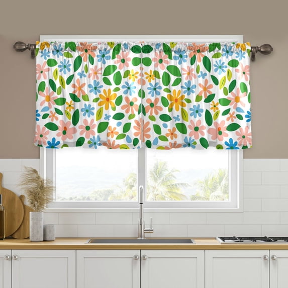 Yayeee Kitchen Curtains Tier Set of 2 Light Filtering 57"x24" Over Sink Window Panels, Retro Blue Floral