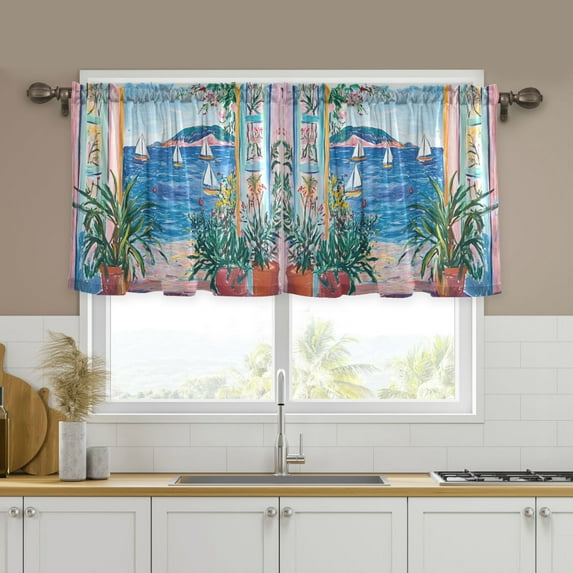 Yayeee Kitchen Curtains Tier Set of 2 Light Filtering 57"x24" Over Sink Window Panels, Seaside Door