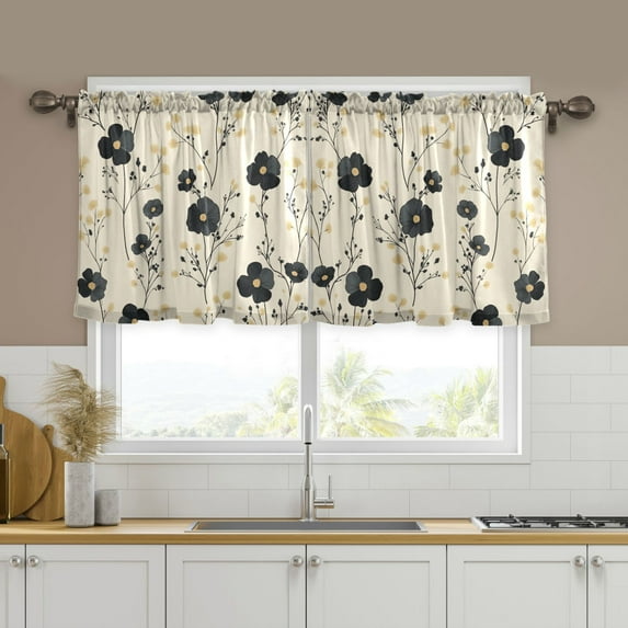 Yayeee Kitchen Curtains Set of 2 Light Filtering 57"x24" Over Sink Window Panels, Small Black Flowers