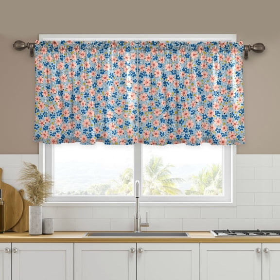 Yayeee Kitchen Curtains Tier Set of 2 Light Filtering 57"x24" Over Sink Window Panels, Small Pink Flower