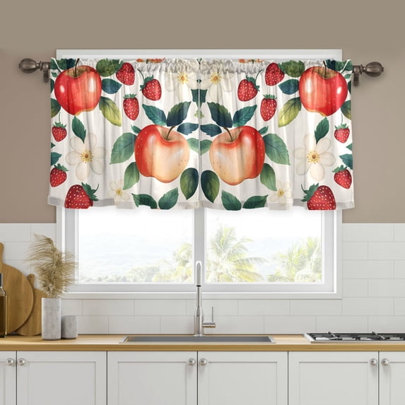 Yayeee Kitchen Curtains Tier Set of 2 Light Filtering 57"x24" Over Sink Window Panels, Strawberry Pattern