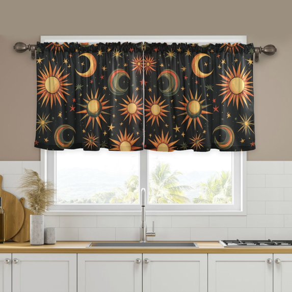 Yayeee Kitchen Curtains Tier Set of 2 Light Filtering 57"x24" Over Sink Window Panels, Sun Moon and Stars Pattern