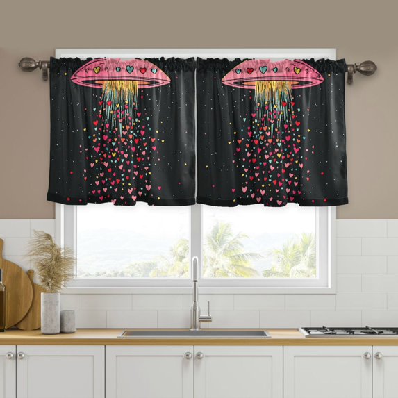 Yayeee Kitchen Curtains Set of 2 Light Filtering 57"x24" Over Sink Window Panels, UFO with Hearts Pattern