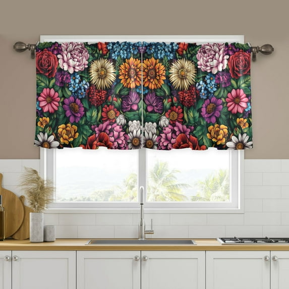 Yayeee Kitchen Curtains Tier Set of 2 Light Filtering 57"x24" Over Sink Window Panels, Vibrant Flowers Pattern
