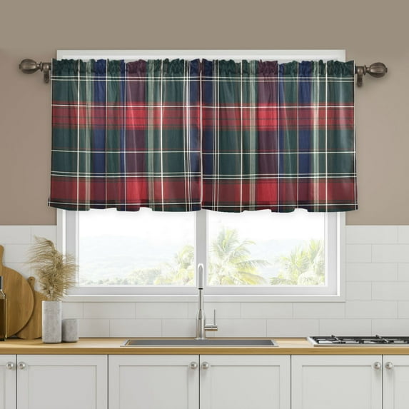 Yayeee Kitchen Curtains Tier Set of 2 Light Filtering 57"x24" Over Sink Window Panels, Warm Tartan Mosaic