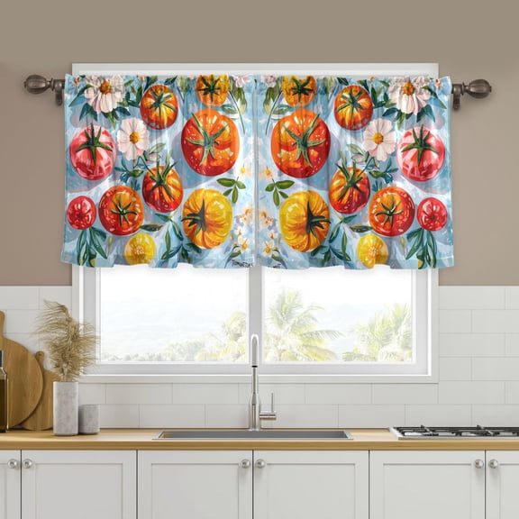 Yayeee Kitchen Curtains Tier Set of 2 Light Filtering 57"x24" Over Sink Window Panels, Watercolor Tomatoes
