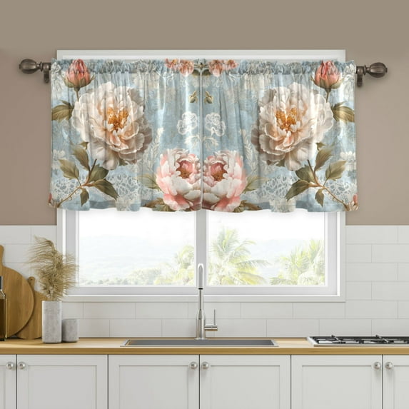 Yayeee Kitchen Curtains Tier Set of 2 Light Filtering 57"x24" Over Sink Window Panels, Whimsical Rose