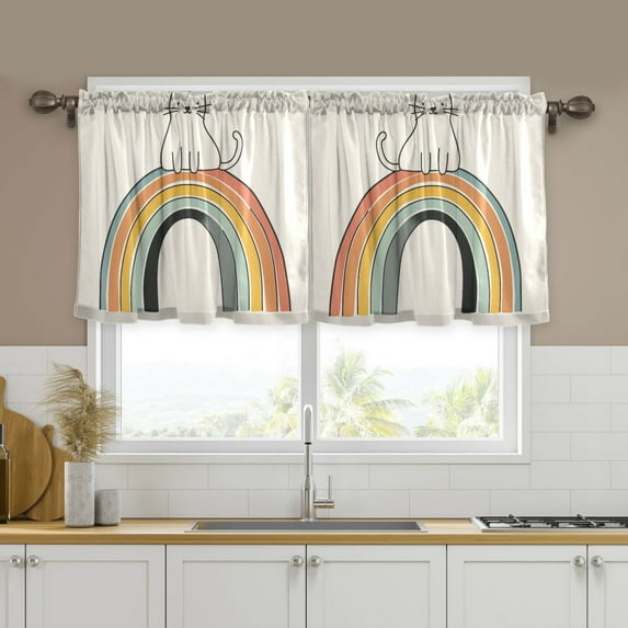 Yayeee Kitchen Curtains Tier Set of 2 Light Filtering 57"x24" Over Sink Window Panels, White Cat Rainbow