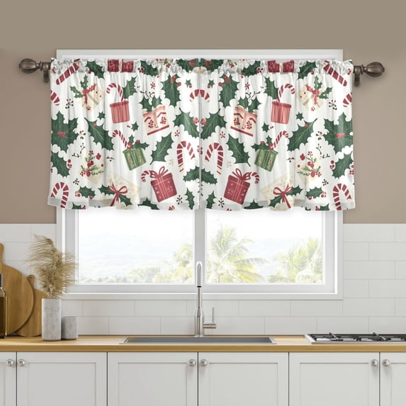 Yayeee Kitchen Curtains Set of 2 Light Filtering 57"x24" Over Sink Window Panels, White Christmas Holly