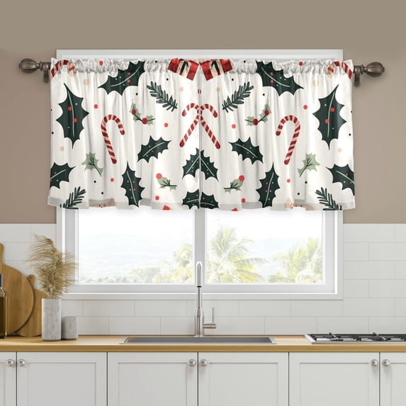 Yayeee Kitchen Curtains Tier Set of 2 Light Filtering 57"x24" Over Sink Window Panels, White Christmas Holly
