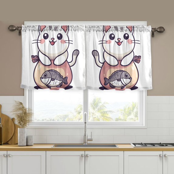 Yayeee Kitchen Curtains Tier Set of 2 Light Filtering 57"x24" Over Sink Window Panels, White Cute Cat