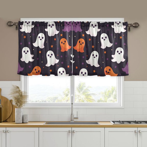 Yayeee Kitchen Curtains Tier Set of 2 Light Filtering 57"x24" Over Sink Window Panels, White Halloween Ghosts