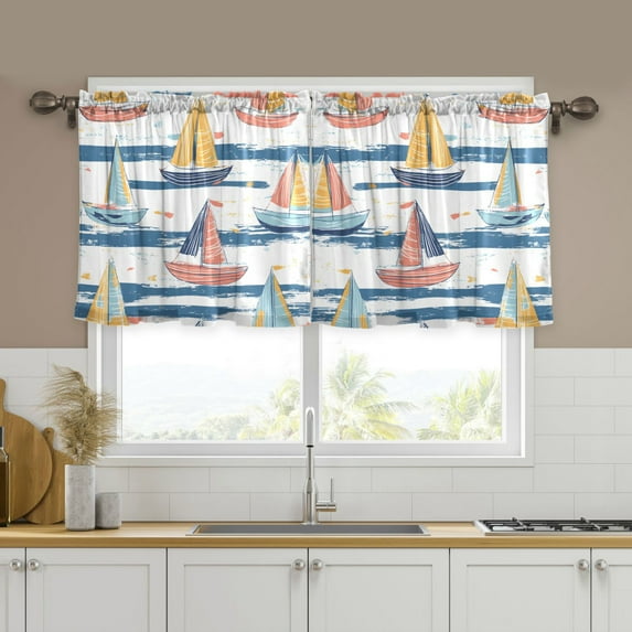 Yayeee Kitchen Curtains Tier Set of 2 Light Filtering 57"x24" Over Sink Window Panels, White Hand Drawn Sailboats