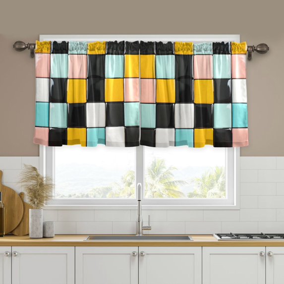 Yayeee Kitchen Curtains Tier Set of 2 Light Filtering 57"x24" Over Sink Window Panels, Yellow Checkered Pattern