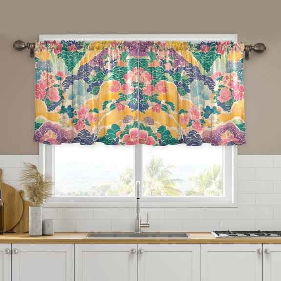 Yayeee Kitchen Curtains Set of 2 Light Filtering 57"x24" Over Sink Window Panels, Yellow Floral Wave