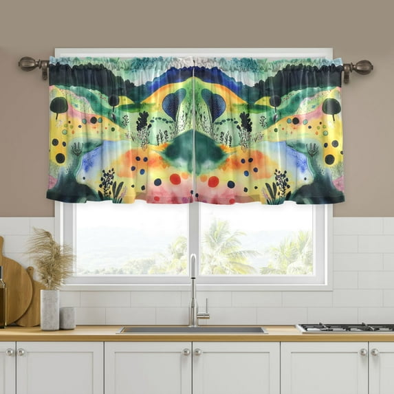 Yayeee Kitchen Curtains Tier Set of 2 Light Filtering 57"x36" Over Sink Window Panels, Art Field