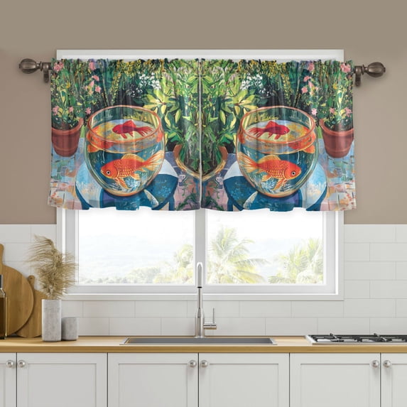 Yayeee Kitchen Curtains Tier Set of 2 Light Filtering 57"x36" Over Sink Window Panels, Art Goldfish Bowl