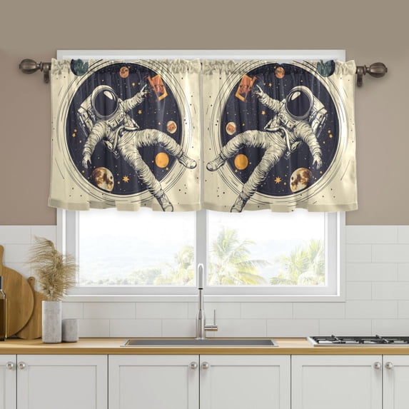 Yayeee Kitchen Curtains Tier Set of 2 Light Filtering 57"x36" Over Sink Window Panels, Astronaut Floating