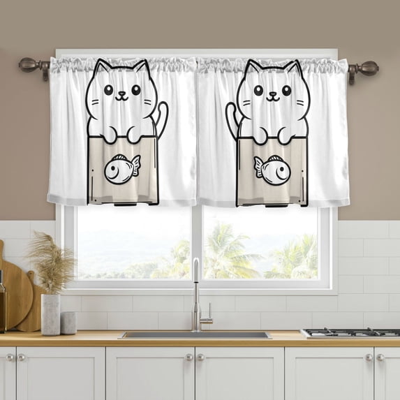 Yayeee Kitchen Curtains Tier Set of 2 Light Filtering 57"x36" Over Sink Window Panels, Beige Chubby Cat