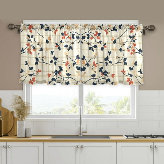 Yayeee Kitchen Curtains Tier Set of 2 Light Filtering 57"x36" Over Sink Window Panels, Beige Leaves Plaid
