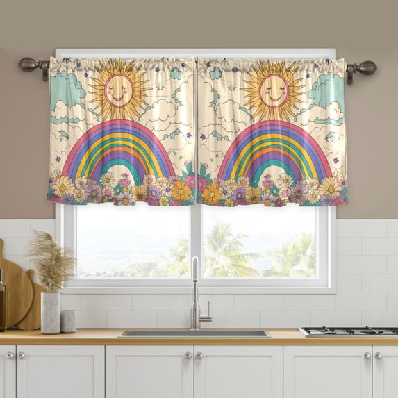 Yayeee Kitchen Curtains Tier Set of 2 Light Filtering 57"x36" Over Sink Window Panels, Beige Rainbow