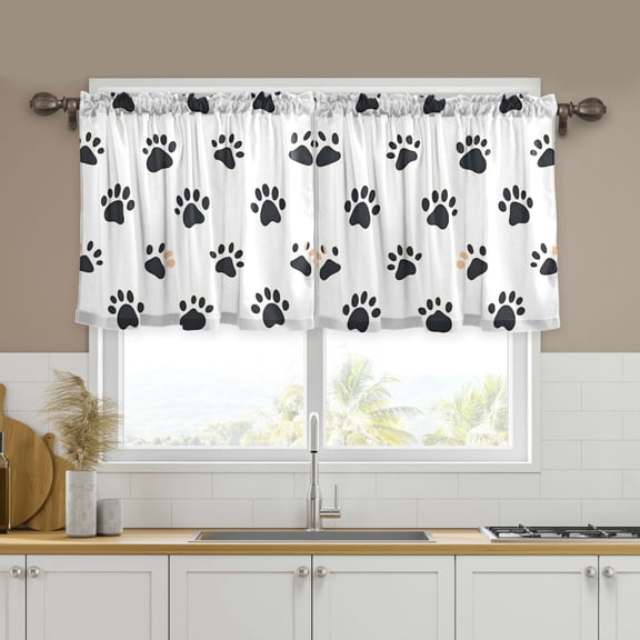 Yayeee Kitchen Curtains Tier Set of 2 Light Filtering 57"x36" Over Sink Window Panels, Black Cartoon Cat Paw