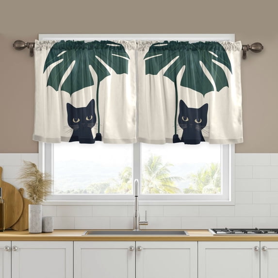 Yayeee Kitchen Curtains Tier Set of 2 Light Filtering 57"x36" Over Sink Window Panels, Black Cat Plants