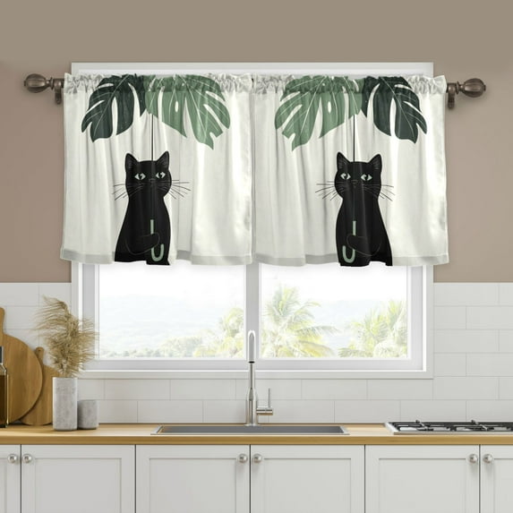 Yayeee Kitchen Curtains Tier Set of 2 Light Filtering 57"x36" Over Sink Window Panels, Black Cat Umbrella