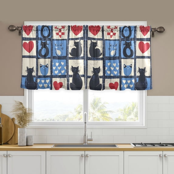 Yayeee Kitchen Curtains Tier Set of 2 Light Filtering 57"x36" Over Sink Window Panels, Black Cats and Hearts