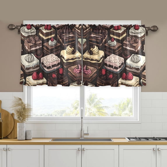 Yayeee Kitchen Curtains Tier Set of 2 Light Filtering 57"x36" Over Sink Window Panels, Black Chocolate Cakes