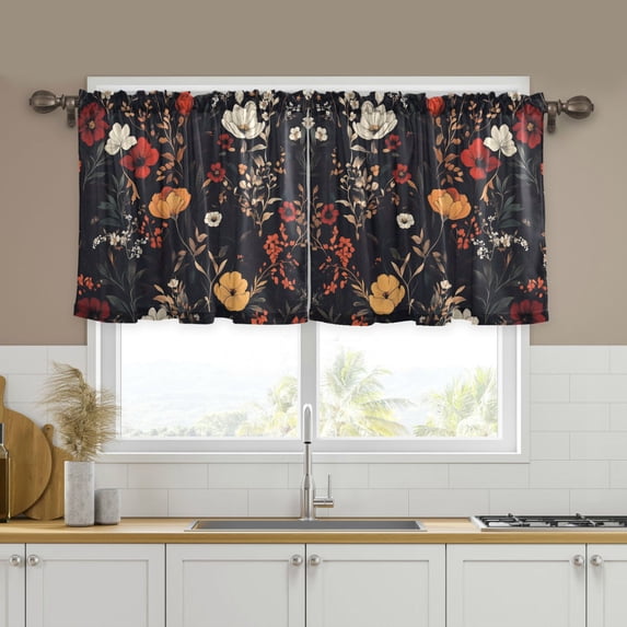 Yayeee Kitchen Curtains Tier Set of 2 Light Filtering 57"x36" Over Sink Window Panels, Black Floral Pattern