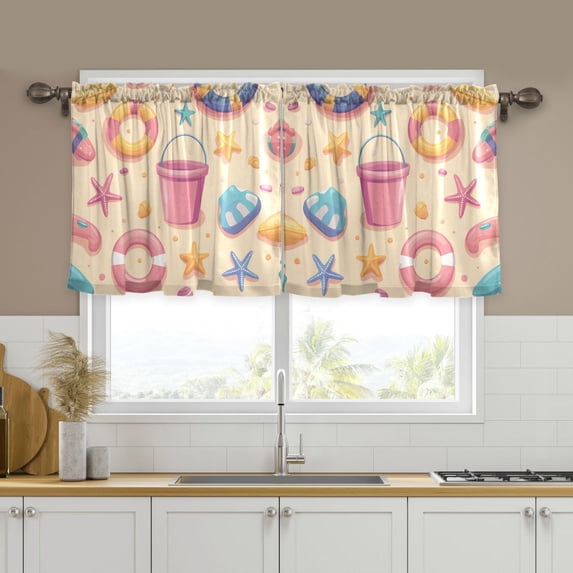 Yayeee Kitchen Curtains Tier Set of 2 Light Filtering 57"x36" Over Sink Window Panels, Blue Beach Toys Pattern