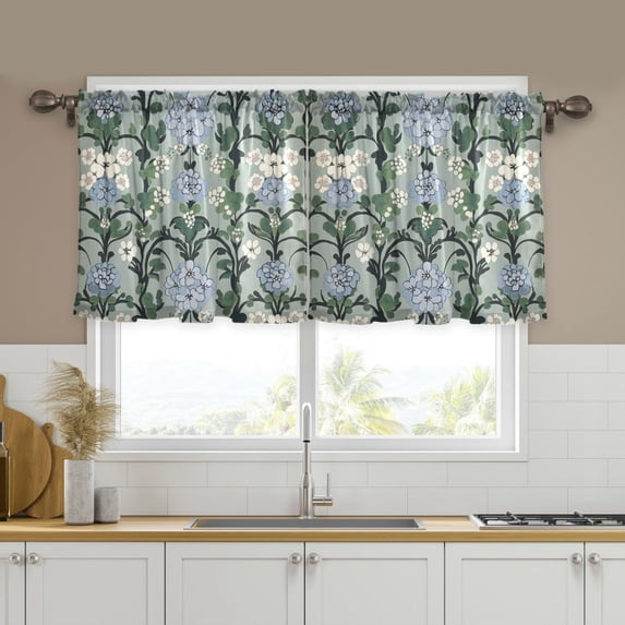 Yayeee Kitchen Curtains Tier Set of 2 Light Filtering 57"x36" Over Sink Window Panels, Blue Blossom
