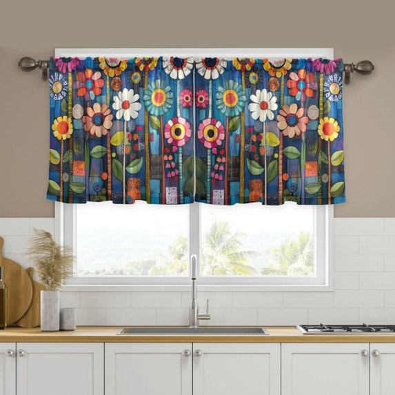 Yayeee Kitchen Curtains Set of 2 Light Filtering 57"x36" Over Sink Window Panels, Blue Colorful Flowers