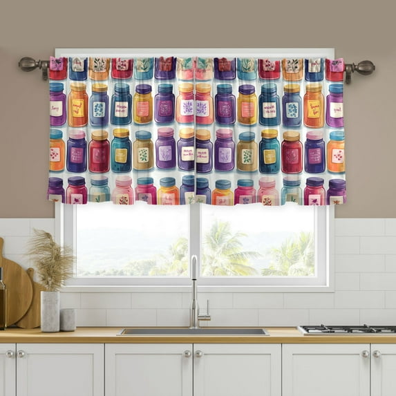 Yayeee Kitchen Curtains Tier Set of 2 Light Filtering 57"x36" Over Sink Window Panels, Blue Jam Jars