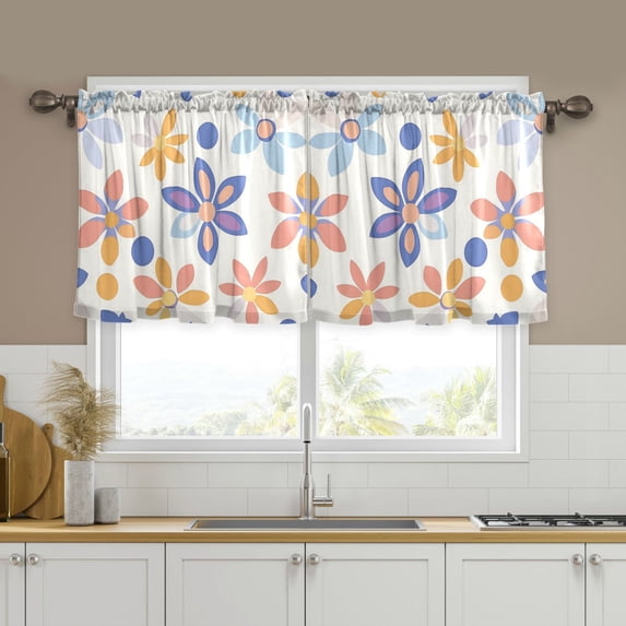 Yayeee Kitchen Curtains Tier Set of 2 Light Filtering 57"x36" Over Sink Window Panels, Blue Retro Flower