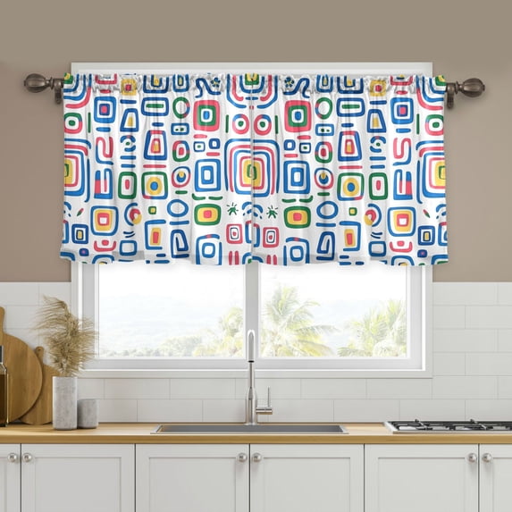 Yayeee Kitchen Curtains Tier Set of 2 Light Filtering 57"x36" Over Sink Window Panels, Blue Retro Pattern