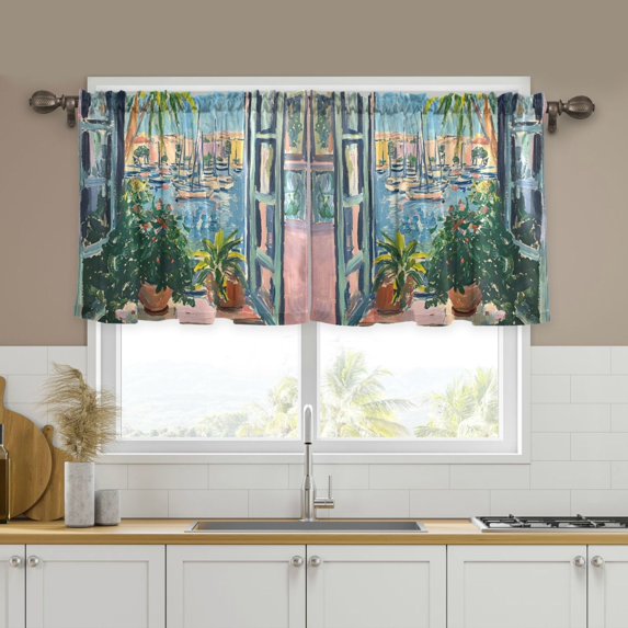 Yayeee Kitchen Curtains Set of 2 Light Filtering 57"x36" Over Sink Window Panels, Blue Sea Boat