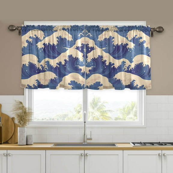 Yayeee Kitchen Curtains Tier Set of 2 Light Filtering 57"x36" Over Sink Window Panels, Blue Wave Pattern