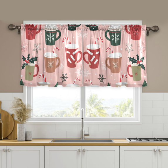 Yayeee Kitchen Curtains Tier Set of 2 Light Filtering 57"x36" Over Sink Window Panels, Brown Christmas Cups