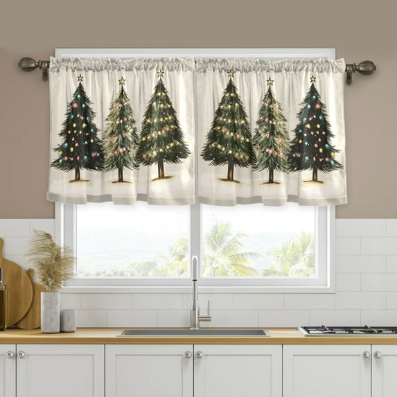 Yayeee Kitchen Curtains Set of 2 Light Filtering 57"x36" Over Sink Window Panels, Cartoon Christmas Trees