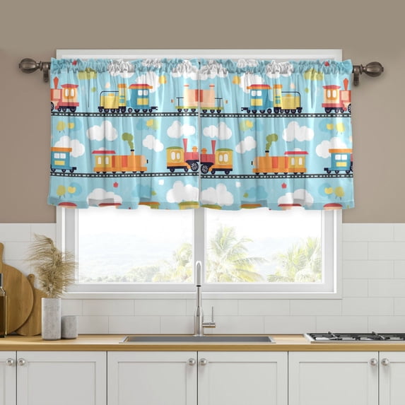 Yayeee Kitchen Curtains Tier Set of 2 Light Filtering 57"x36" Over Sink Window Panels, Cartoon Train Pattern