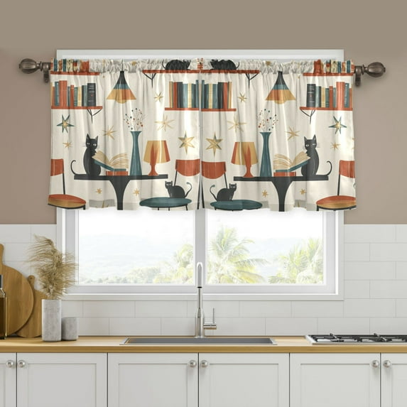 Yayeee Kitchen Curtains Tier Set of 2 Light Filtering 57"x36" Over Sink Window Panels, Cats Reading Pattern