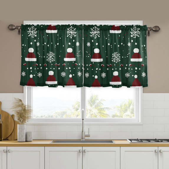 Yayeee Kitchen Curtains Set of 2 Light Filtering 57"x36" Over Sink Window Panels, Christmas Santa Hats
