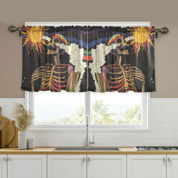 Yayeee Kitchen Curtains Tier Set of 2 Light Filtering 57"x36" Over Sink Window Panels, Colorful Skeleton with Cloud