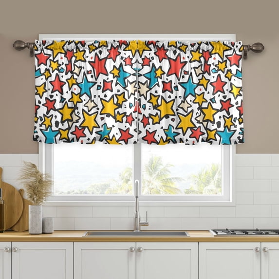 Yayeee Kitchen Curtains Tier Set of 2 Light Filtering 57"x36" Over Sink Window Panels, Colorful Stars