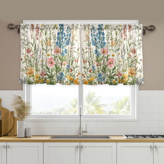 Yayeee Kitchen Curtains Tier Set of 2 Light Filtering 57"x36" Over Sink Window Panels, Colorful Wildflowers