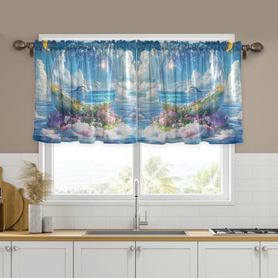 Yayeee Kitchen Curtains Tier Set of 2 Light Filtering 57"x36" Over Sink Window Panels, Crystal Ocean